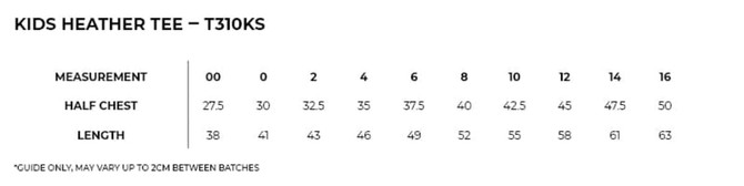 A table displaying measurements for Kids Heather Tees in various sizes, including half chest and length dimensions. A table displaying measurements for Kids Heather Tees in various sizes, including half chest and length dimensions.