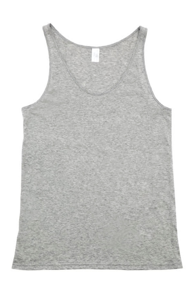 A grey men's American style singlet featuring a scoop neck and no sleeves. Includes a branded label.