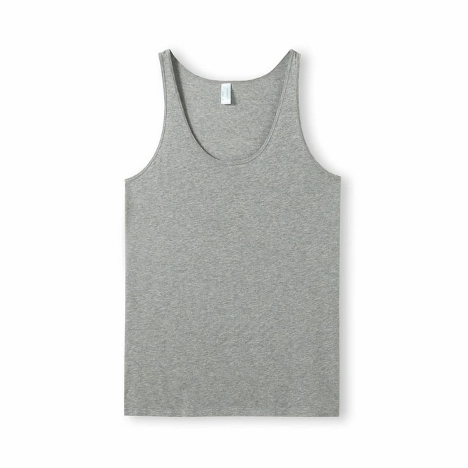 A grey American style singlet featuring a classic sleeveless design, with branding on the label. A grey American style singlet featuring a classic sleeveless design, with branding on the label.