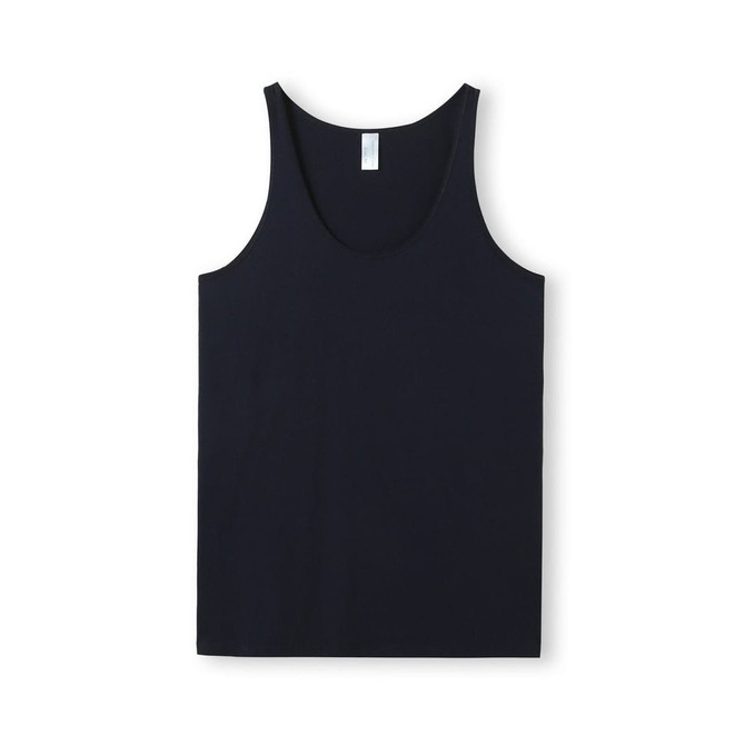 A men's American style singlet in black, featuring a simple design and a branded label.