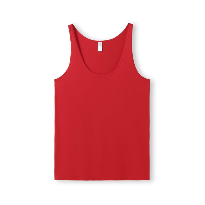 A red men's singlet featuring a scoop neck and a simple design. The singlet has a logo on it. A red men's singlet featuring a scoop neck and a simple design. The singlet has a logo on it.