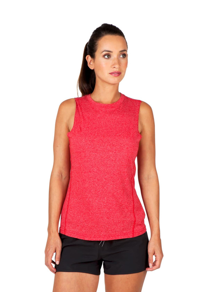 A sleeveless women's tee from the Greatness Range in red, featuring a fitted design and a logo. A sleeveless women's tee from the Greatness Range in red, featuring a fitted design and a logo.