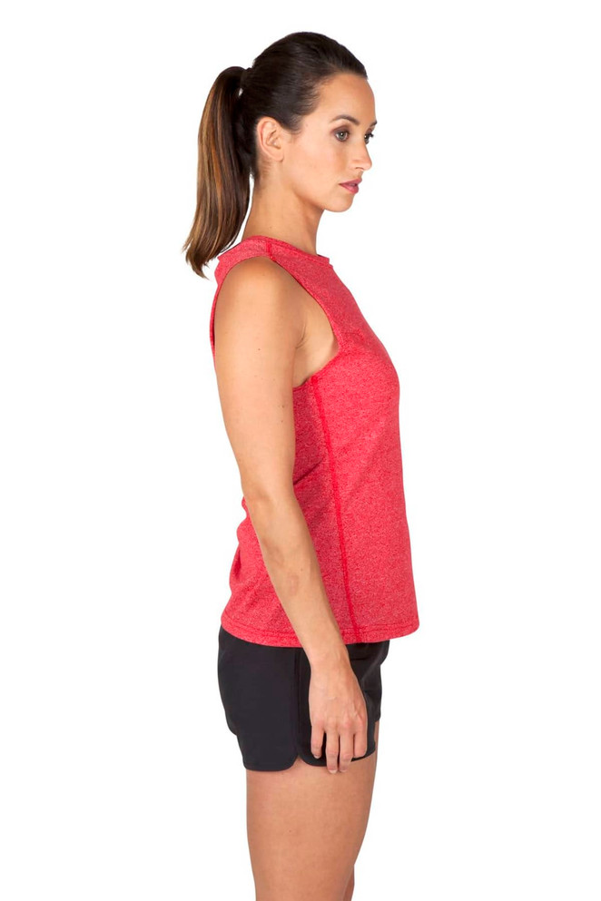 A sleeveless women's tee in a vibrant red heather design, featuring a sporty cut and fitted style. A sleeveless women's tee in a vibrant red heather design, featuring a sporty cut and fitted style.