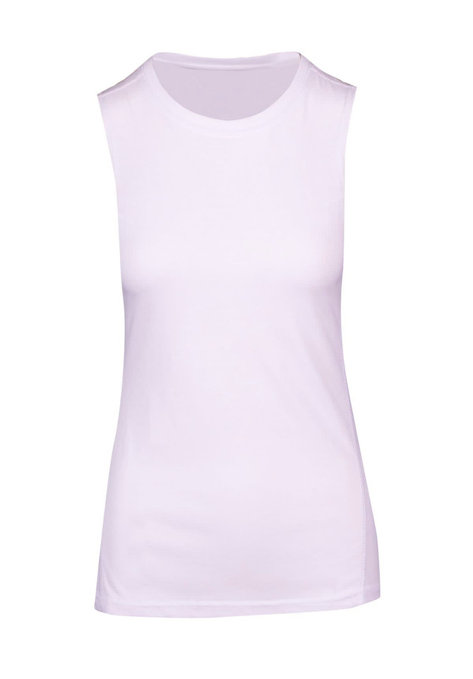 A sleeveless women's tee in white, featuring a fitted design and a branding logo. A sleeveless women's tee in white, featuring a fitted design and a branding logo.