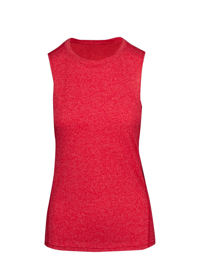 A red sleeveless women's tee from the Greatness Range, featuring a fitted design and a subtle heather texture. A red sleeveless women's tee from the Greatness Range, featuring a fitted design and a subtle heather texture.