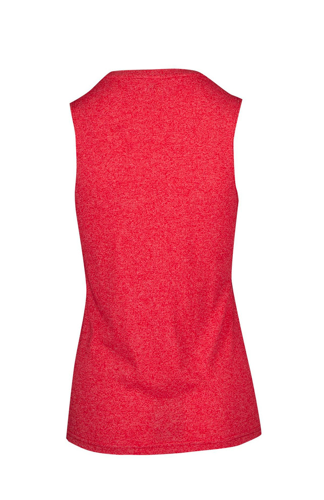 A sleeveless women's tee in a vibrant red heather fabric, featuring a seamless back and a logo.