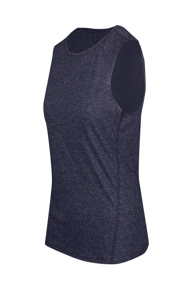 A sleeveless women's tee in heather grey with a contrasting dark sleeve, featuring a simple design and logo.