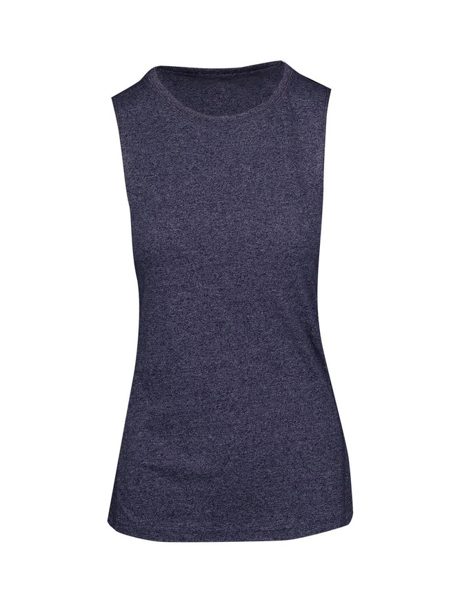 A women's sleeveless tee in dark heather grey with a fitted design and round neckline. It features a logo. A women's sleeveless tee in dark heather grey with a fitted design and round neckline. It features a logo.