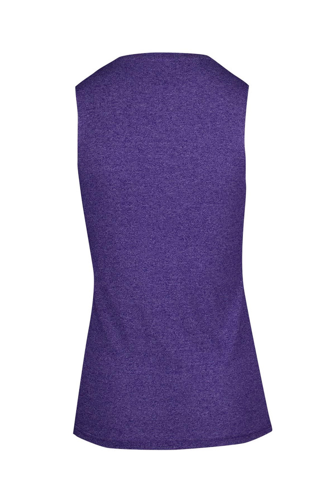 A sleeveless women's tee in a heathered purple colour, featuring a fitted design and a back view.