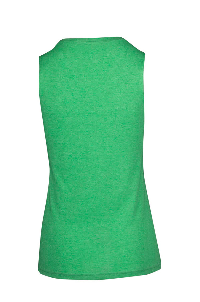 A sleeveless tee in a vibrant green hue, featuring a simple design and a logo at the back.