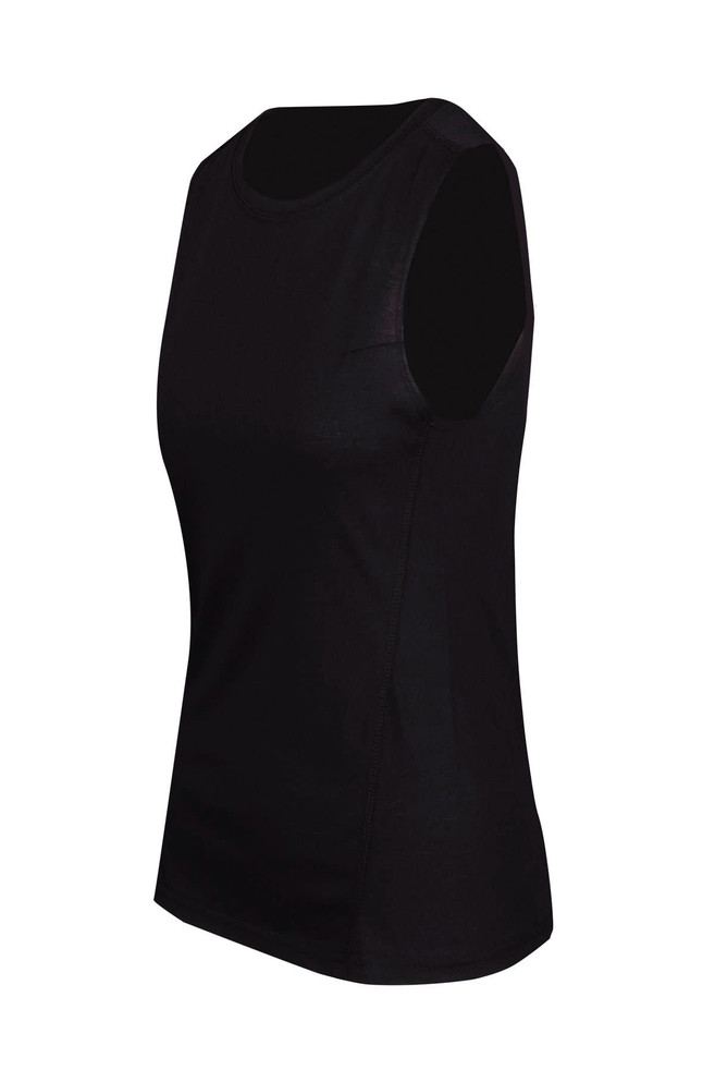A black sleeveless women's tee from the Greatness Range with a fitted design and a subtle logo.