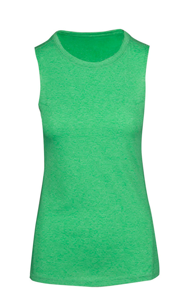A sleeveless women's tee from the Greatness Range in a bright green heather fabric. It has a simple design and a logo. A sleeveless women's tee from the Greatness Range in a bright green heather fabric. It has a simple design and a logo.