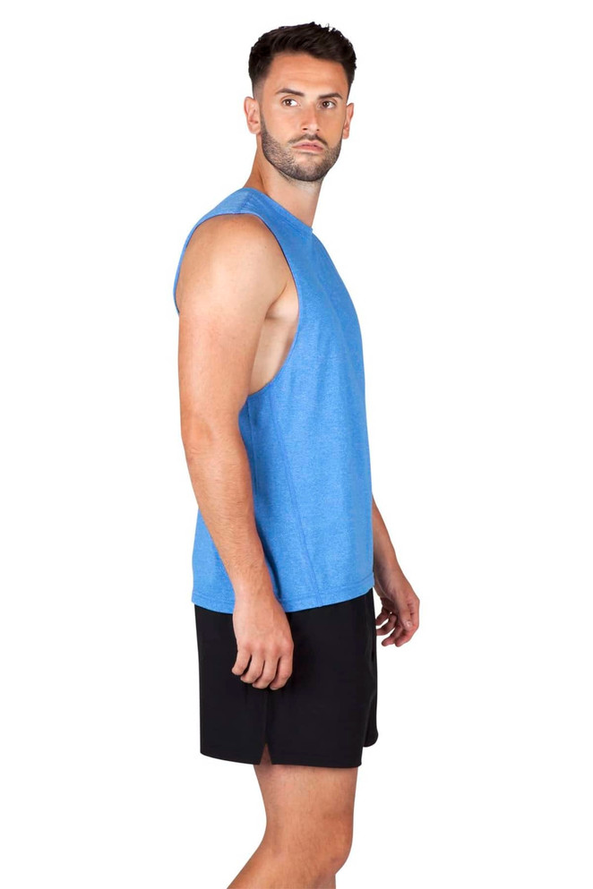 A sleeveless blue men's tee from the Greatness Range, featuring a simple design and a logo.