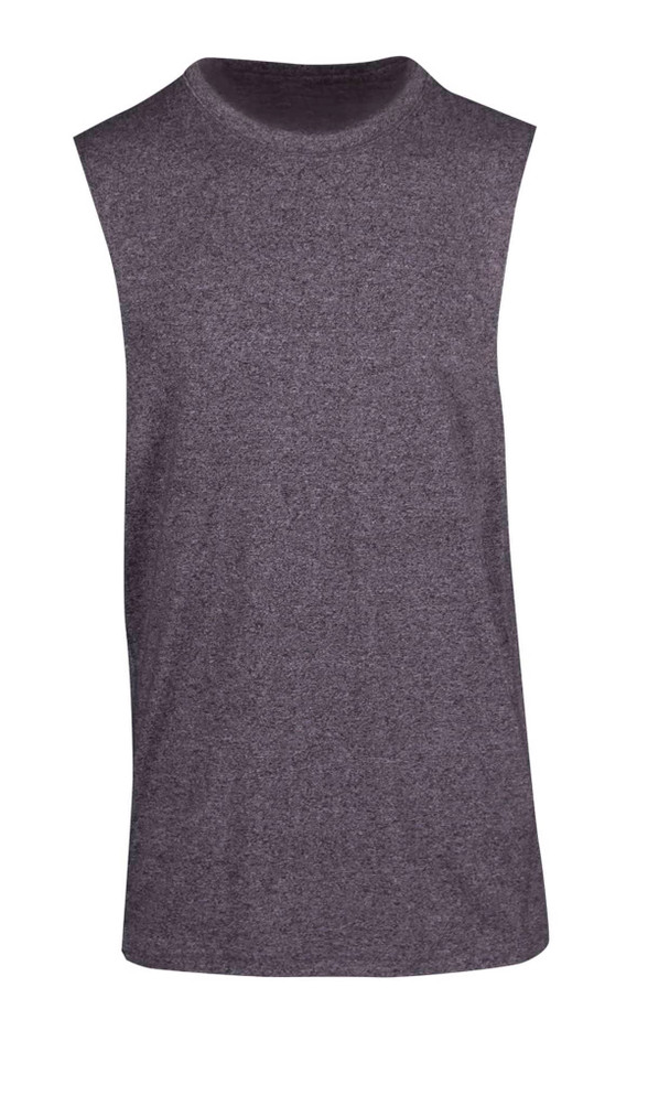 A sleeveless tee in a heathered grey colour featuring a simple design and a logo.