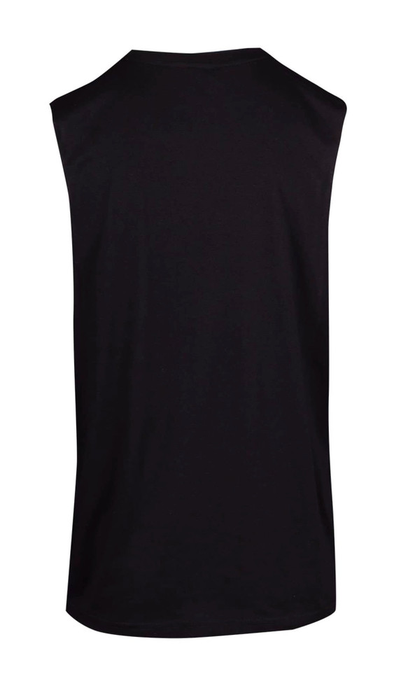 A black sleeveless tee from the Greatness Range, featuring a simple design and a logo.