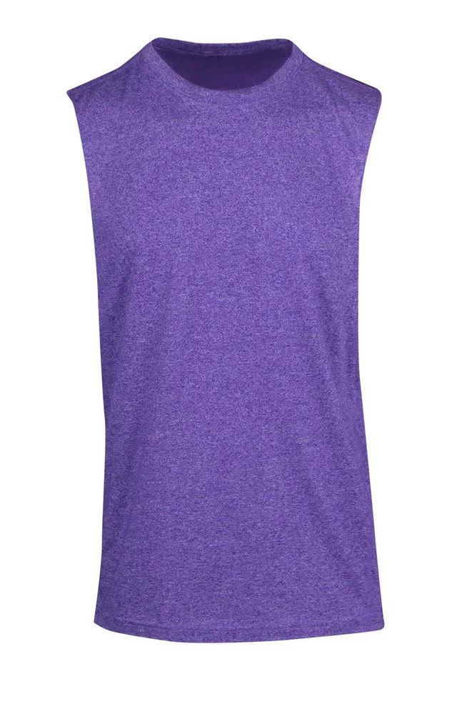A sleeveless tee in heather purple, featuring a relaxed fit and a subtle logo. Ideal for casual wear or workouts.