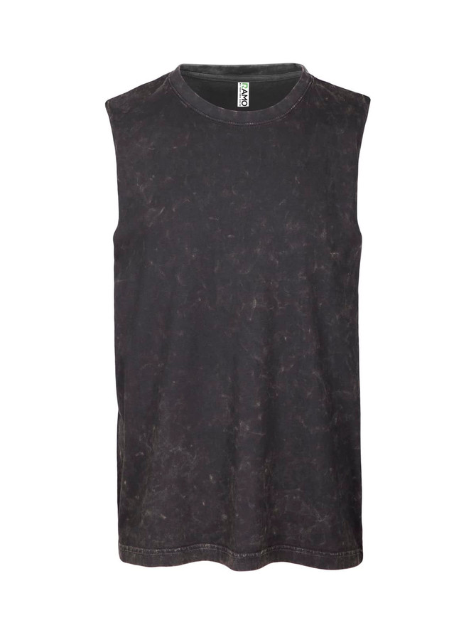 A black stone wash sleeveless tank top with a round neckline and a logo at the neck. A black stone wash sleeveless tank top with a round neckline and a logo at the neck.