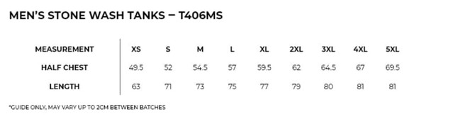 A table displaying measurements for Men's Stone Wash Tanks, including sizes from XS to 5XL, with half chest and length details. A table displaying measurements for Men's Stone Wash Tanks, including sizes from XS to 5XL, with half chest and length details.