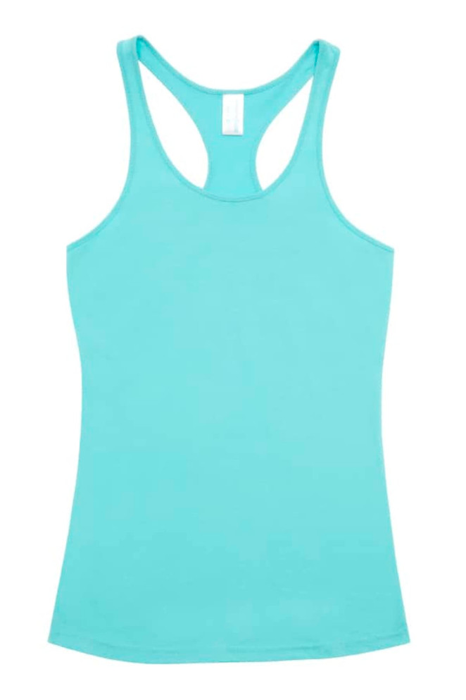 A light turquoise women's T-back singlet with a racerback design. It features a plain style and has a branding logo.