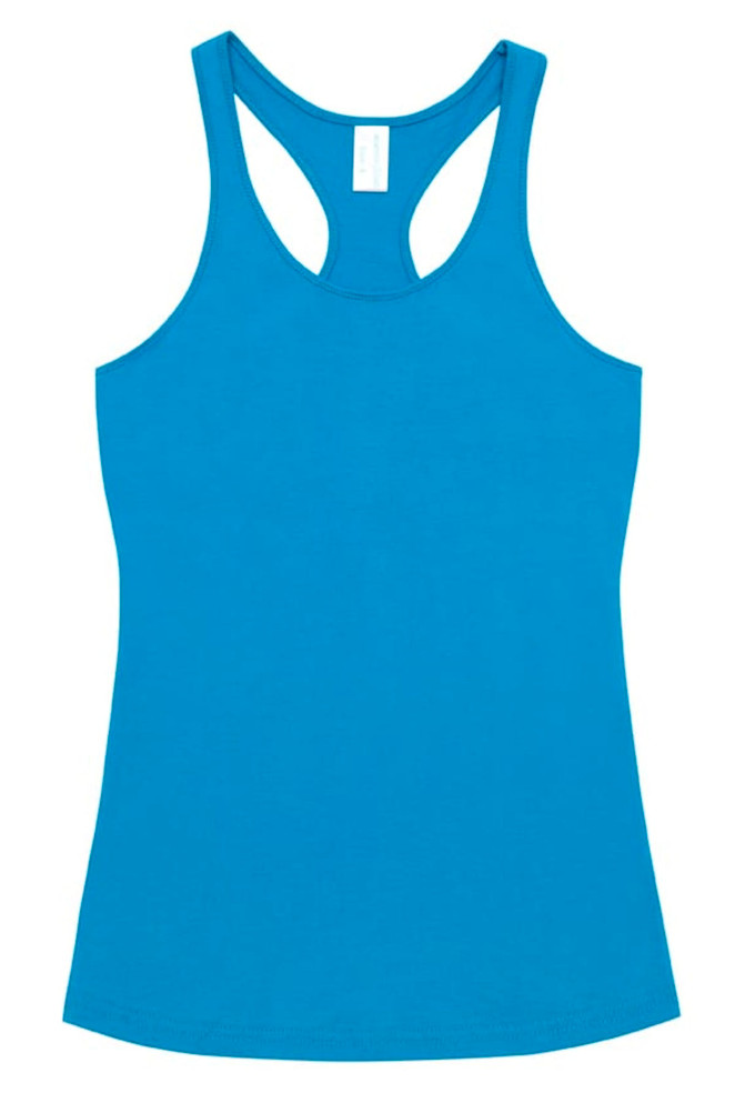 A blue women's T-back singlet with a racer back design and no visible logos. A blue women's T-back singlet with a racer back design and no visible logos.