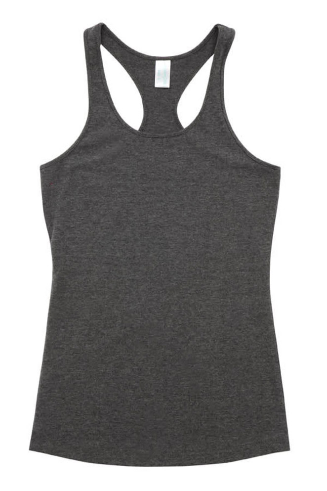 A women's T-back singlet in dark grey, featuring a racerback design and a simple cut. It has a logo on the label. A women's T-back singlet in dark grey, featuring a racerback design and a simple cut. It has a logo on the label.
