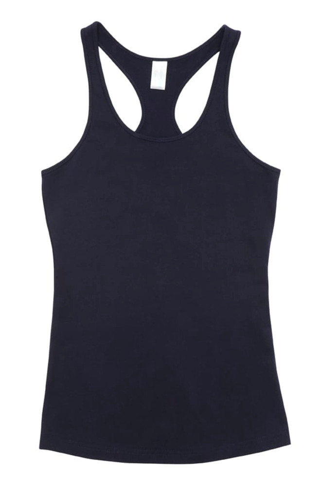 A black women's T-back singlet featuring a fitted design and a simplistic style. The vest has a logo on the tag. A black women's T-back singlet featuring a fitted design and a simplistic style. The vest has a logo on the tag.