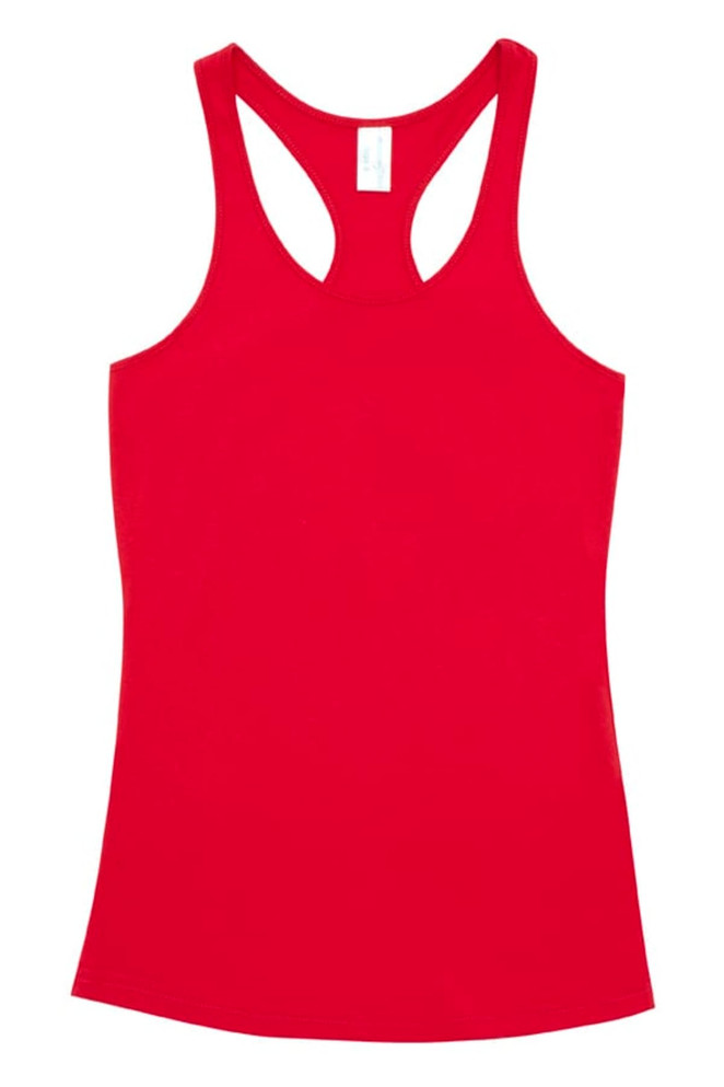 A red women's T-back singlet with a fitted design and racerback style. Features a logo on the label. A red women's T-back singlet with a fitted design and racerback style. Features a logo on the label.
