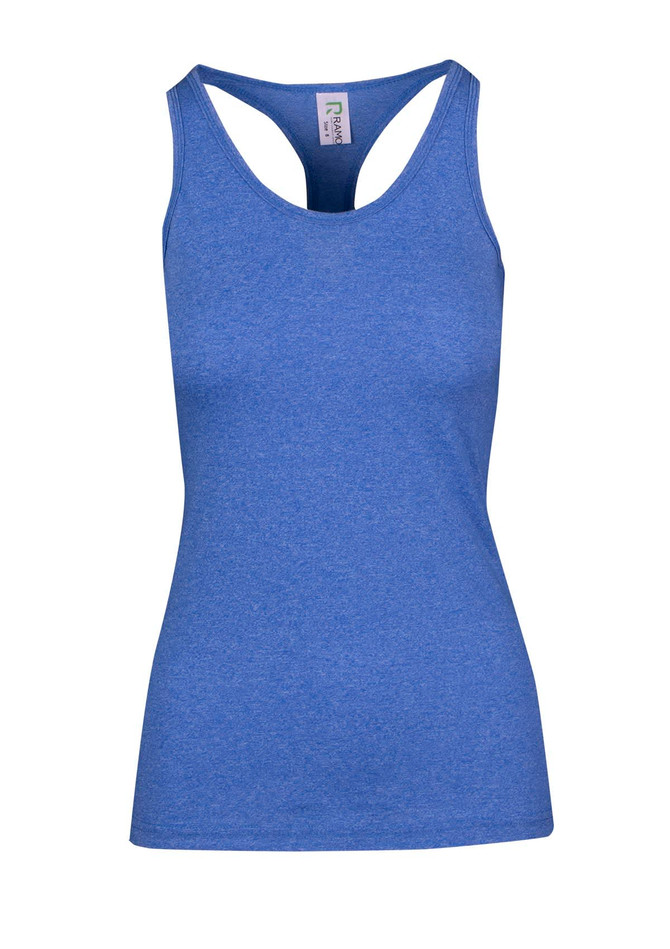 A blue women's athletic T-back singlet featuring a fitted design and a logo on the label. A blue women's athletic T-back singlet featuring a fitted design and a logo on the label.