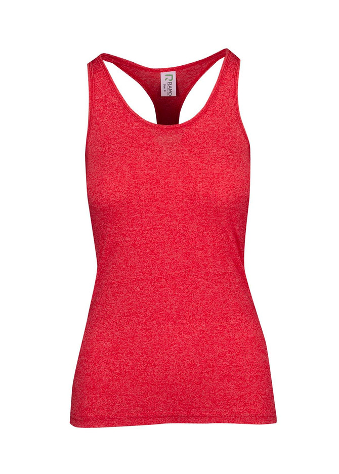 A red athletic T-back singlet made from a textured fabric, featuring a scoop neckline and a fitted design.