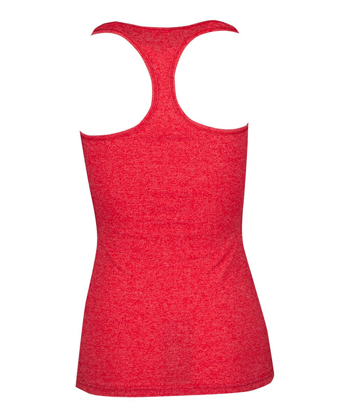 A red athletic T-back singlet featuring a standard back design and a logo. A red athletic T-back singlet featuring a standard back design and a logo.