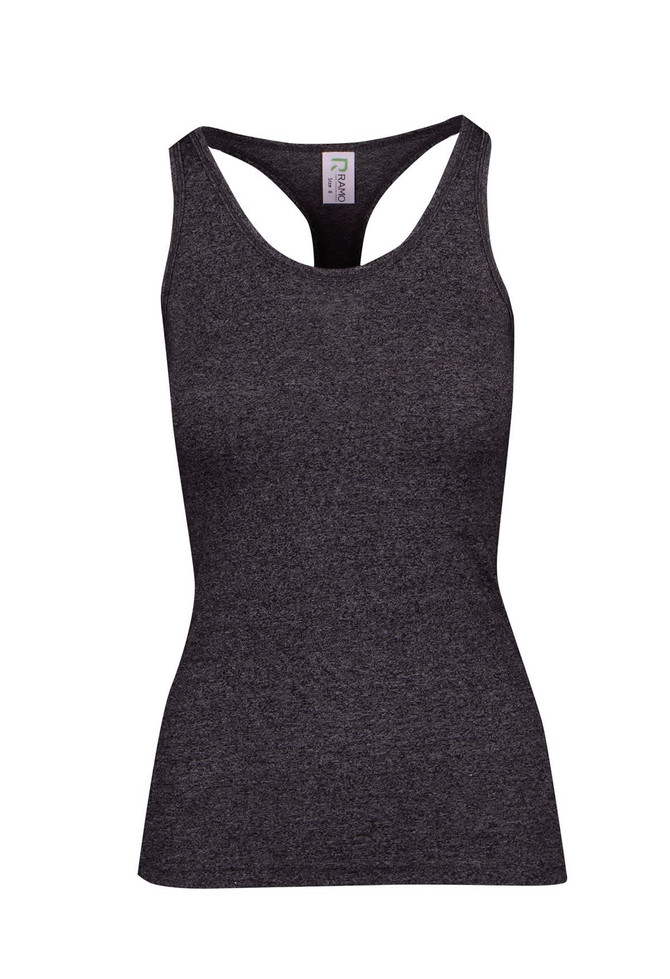 A women's athletic T-back singlet in dark grey with a fitted design and a logo on the label. A women's athletic T-back singlet in dark grey with a fitted design and a logo on the label.