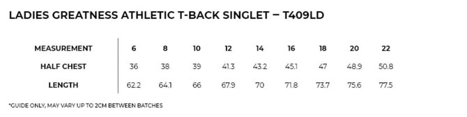 A size chart for a women's athletic T-back singlet, listing measurements for half chest and length in various sizes. A size chart for a women's athletic T-back singlet, listing measurements for half chest and length in various sizes.