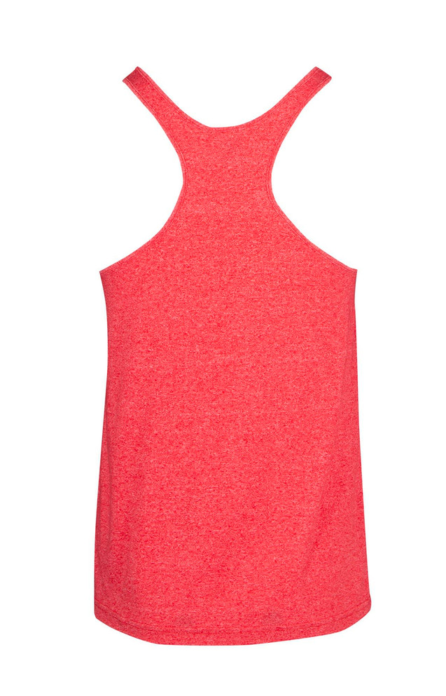 A red athletic T-back singlet with a plain back design and a logo on the fabric.