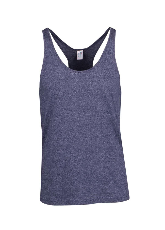 A blue athletic T-back singlet with a slightly textured fabric and a branding logo on the label.