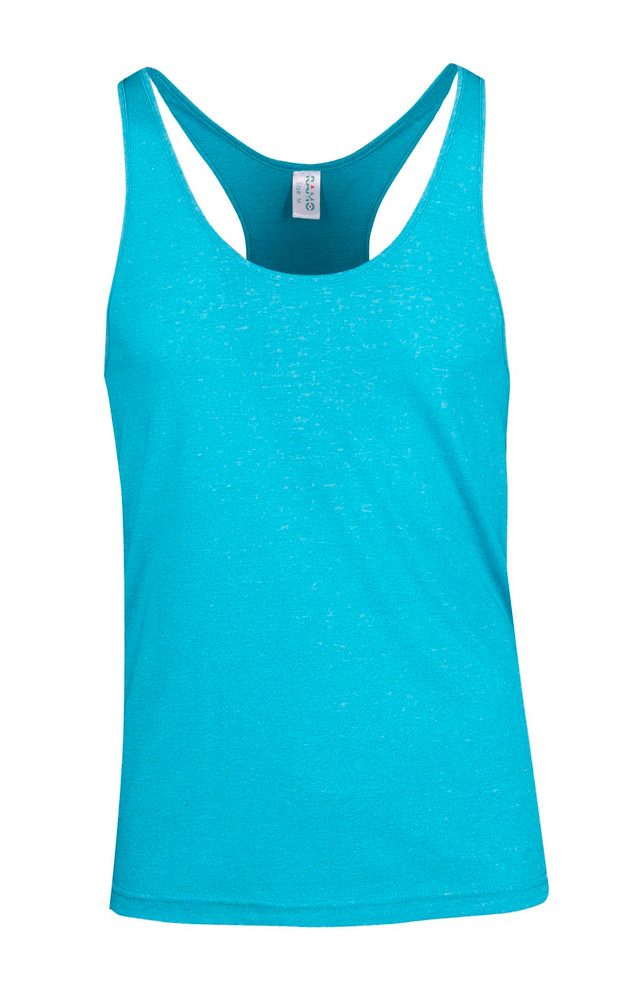 A teal athletic T-back singlet featuring a scoop neckline and a branded label. A teal athletic T-back singlet featuring a scoop neckline and a branded label.