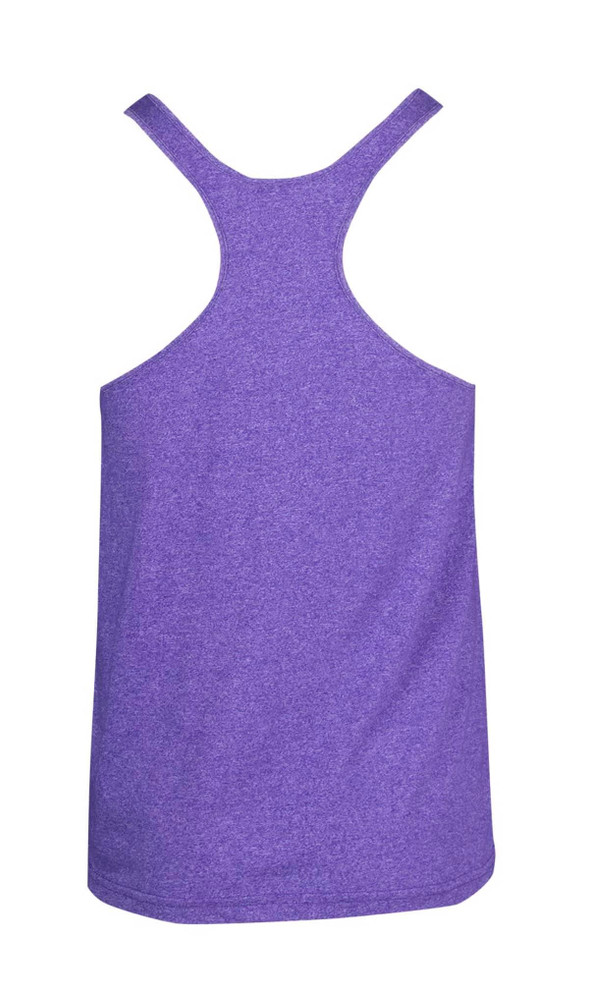 A purple athletic T-back singlet with a plain back and a logo at the neckline. A purple athletic T-back singlet with a plain back and a logo at the neckline.