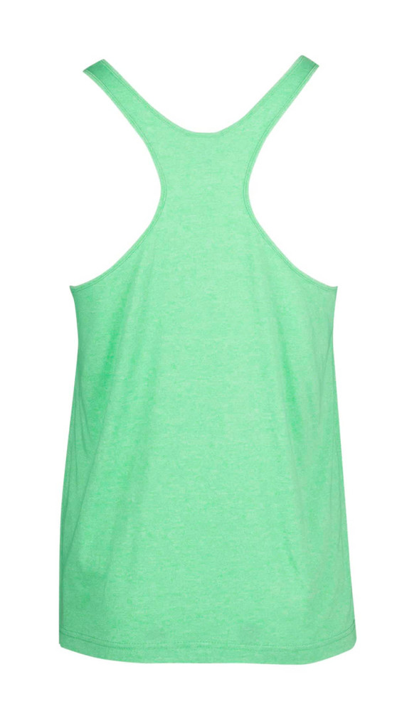 A green athletic T-back singlet with a plain design and a logo on the back. A green athletic T-back singlet with a plain design and a logo on the back.