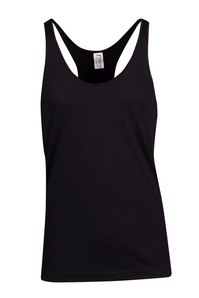 A black athletic T-back singlet with a fitted design and a logo on the label.