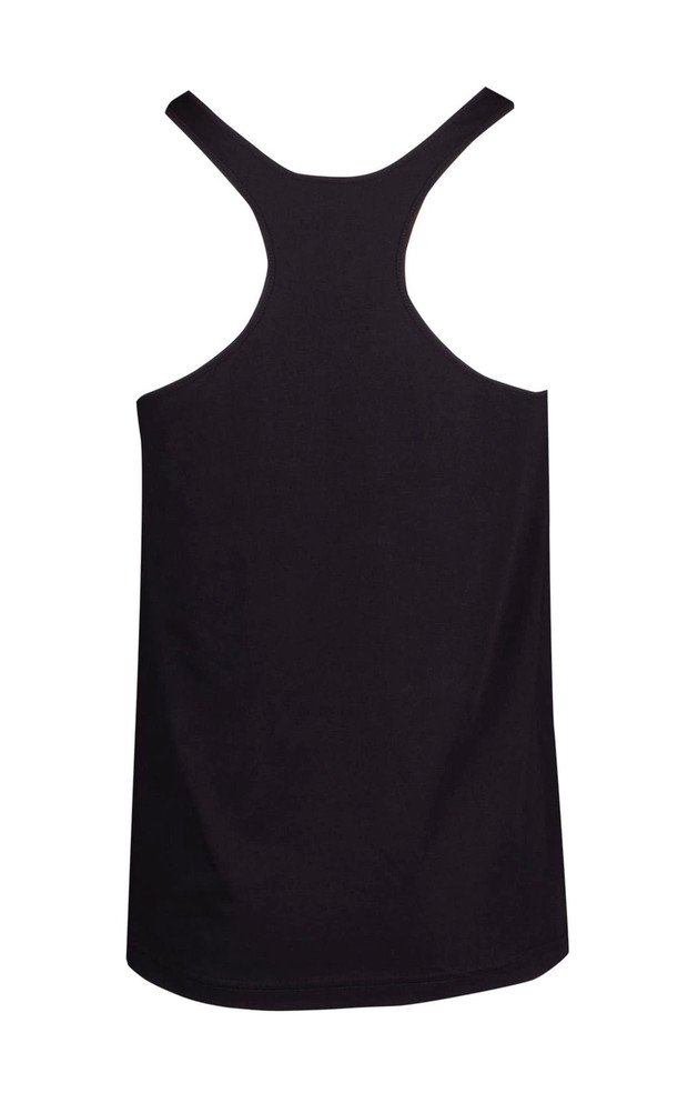 A black athletic T-back singlet featuring a racerback design and a logo on the back.