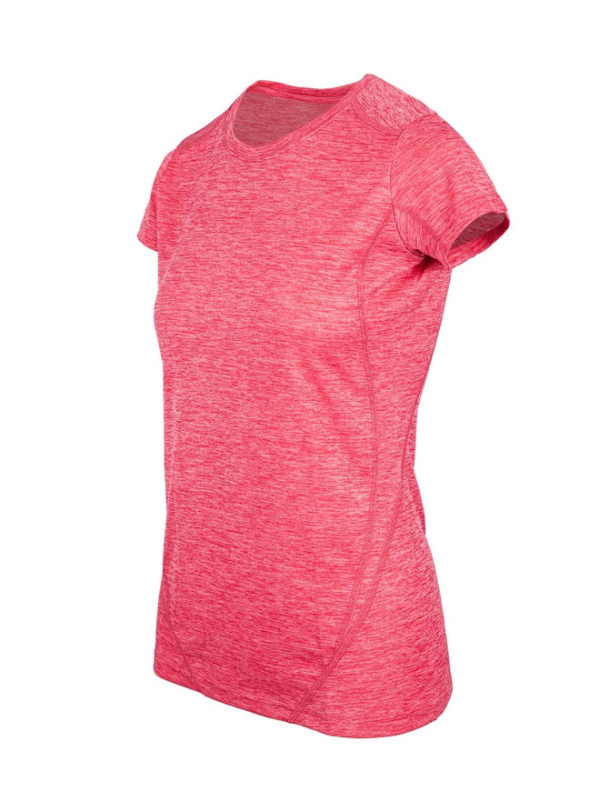 A pink women's short-sleeve T-shirt made from 100% polyester, featuring a logo. A pink women's short-sleeve T-shirt made from 100% polyester, featuring a logo.