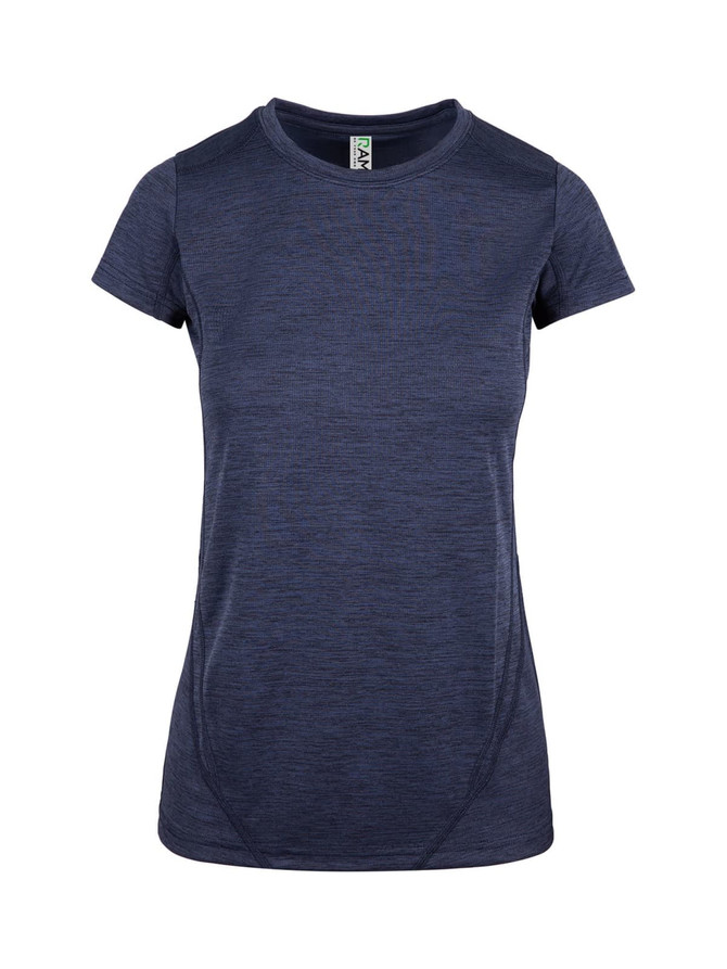 A women's short-sleeve T-shirt in navy blue, made of 100% polyester, featuring a logo. A women's short-sleeve T-shirt in navy blue, made of 100% polyester, featuring a logo.