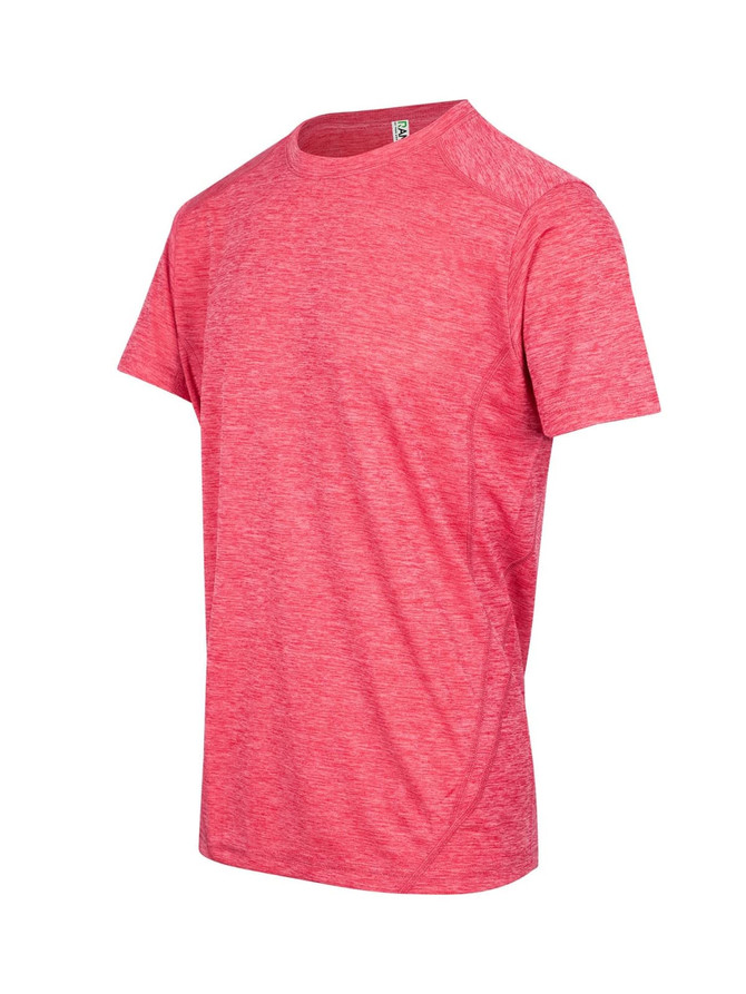 A red unisex T-shirt made from 100% polyester, featuring a logo. A red unisex T-shirt made from 100% polyester, featuring a logo.