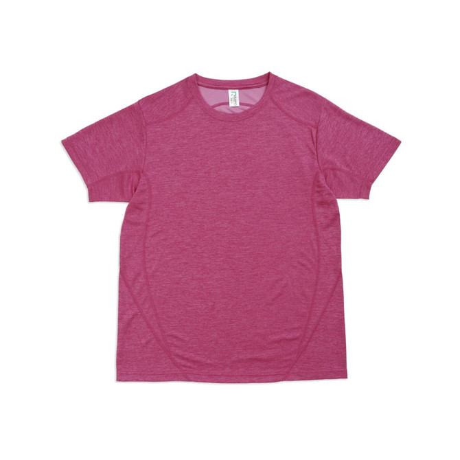 A pink unisex T-shirt made of 100% polyester, featuring short sleeves and a logo. A pink unisex T-shirt made of 100% polyester, featuring short sleeves and a logo.