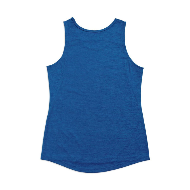 A blue women's singlet made from 100% polyester, featuring a plain back and a rounded hemline. A blue women's singlet made from 100% polyester, featuring a plain back and a rounded hemline.