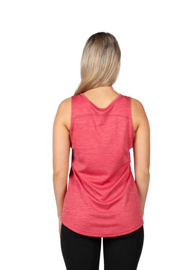 A women's singlet in a vibrant red colour, featuring a round neckline and a relaxed fit. It has a logo on the back.