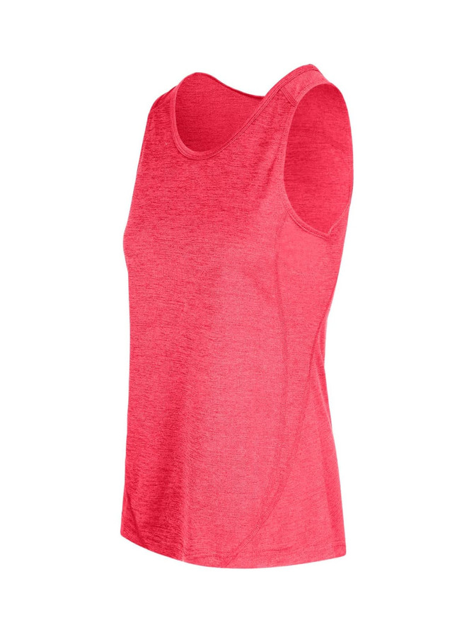 A red women's singlet made of 100% polyester, featuring a sleek design and a logo.