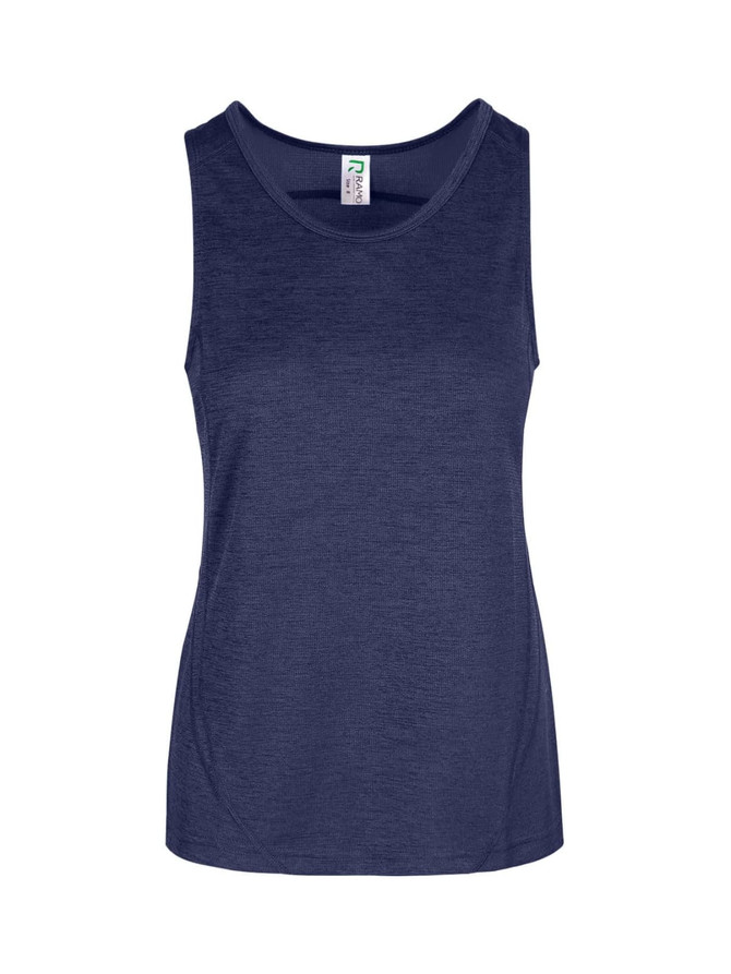A women's navy polyester singlet featuring a round neckline and a brand logo on the label.