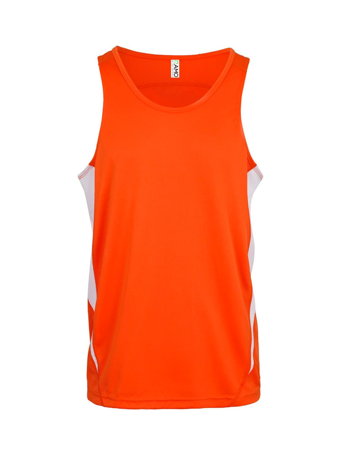 An orange men's singlet with white side panels and a logo, made from cool dry material. An orange men's singlet with white side panels and a logo, made from cool dry material.