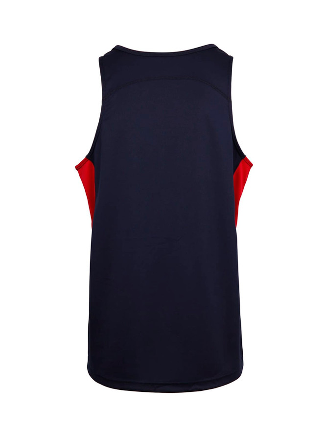 A navy and red men's singlet with a round neck and sleeveless design, featuring a branding logo.