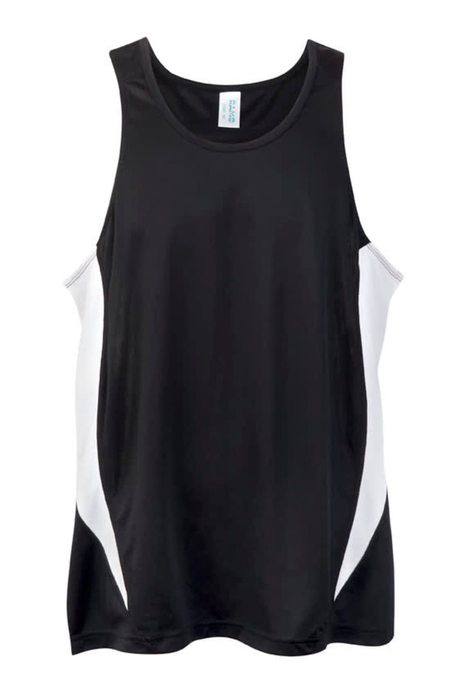 A black singlet with white side panels, featuring a logo on the front. Suitable for men's activewear. A black singlet with white side panels, featuring a logo on the front. Suitable for men's activewear.